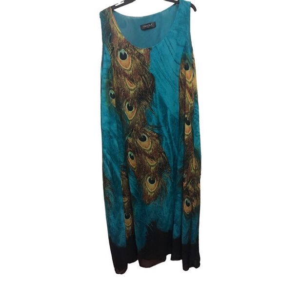 Gracila Women’s Blue Peacock Feather Design Long Tank SunDress Size 4X - Picture 3 of 8